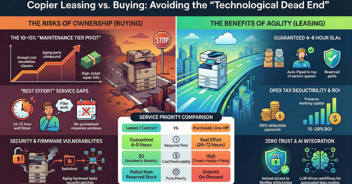 Infographic for Atlanta businesses comparing copier ownership risks like 15% cost escalation versus leasing benefits like 4-8 hour SLAs.