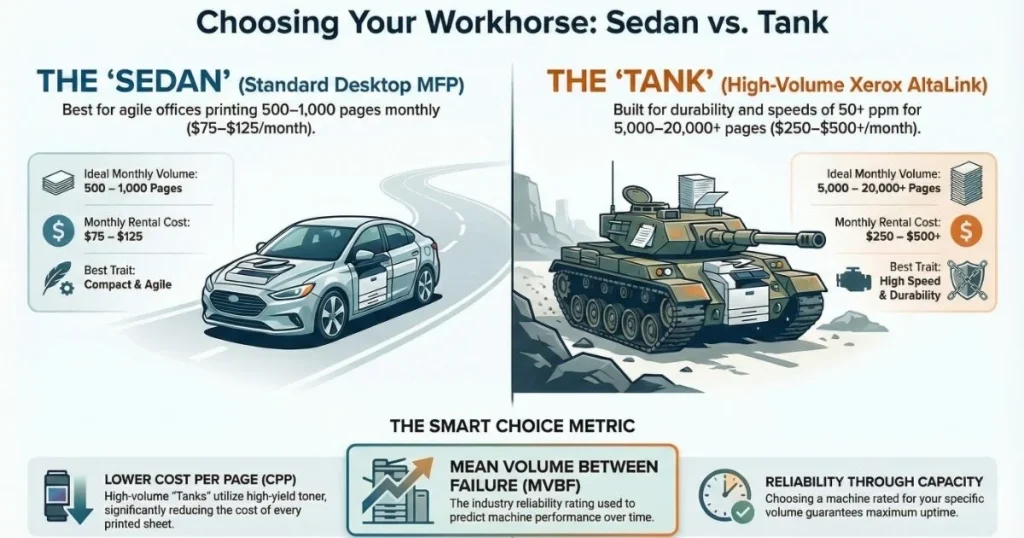 A visual comparison for Atlanta business owners between compact desktop MFPs and high-volume Xerox AltaLink "tanks" based on monthly page volume.