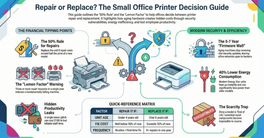 Infographic illustrating the financial tipping points for Printer Repair in Atlanta, featuring a quick-reference decision matrix and security barriers.
