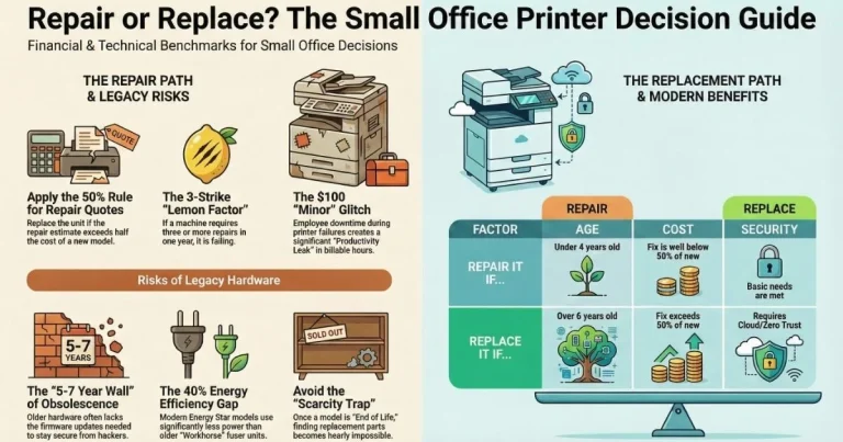 Decision guide for Atlanta small offices on Printer Repair, detailing the 50% rule, 3-strike lemon factor, and legacy hardware risks.