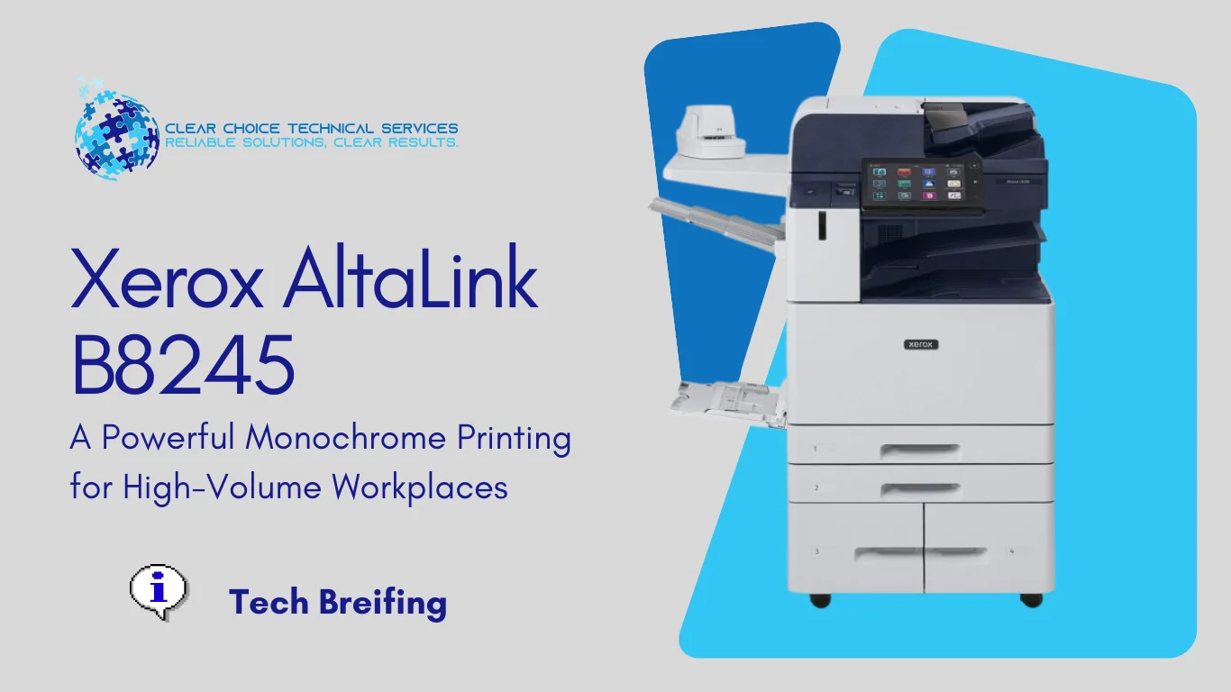 Xerox AltaLink B8245 black-and-white multifunction printer with a 10.1-inch touchscreen and high-capacity tandem tray at 10 Glenlake Pkwy NE, Atlanta, GA.