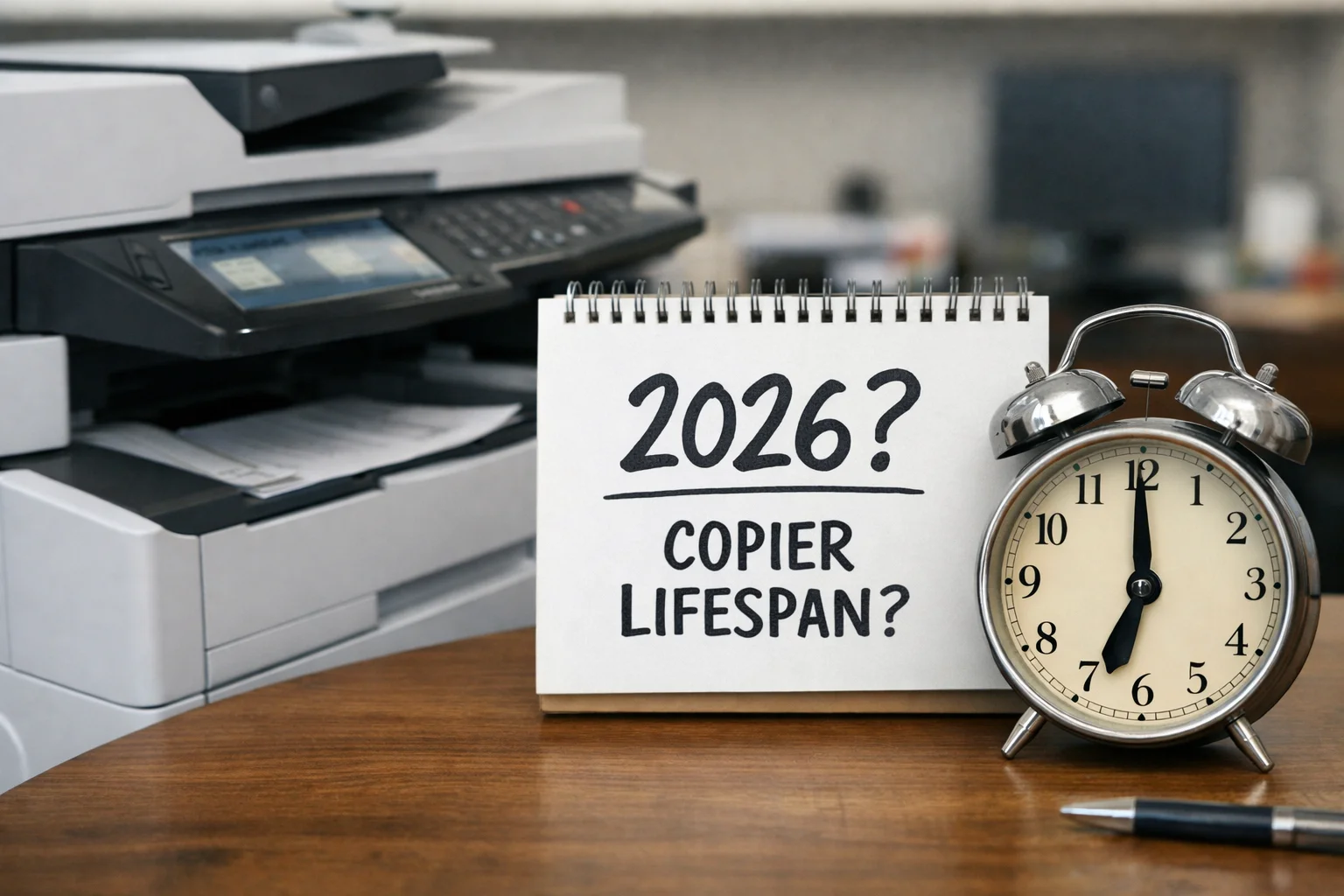 A desktop calendar and alarm clock next to an office copier questioning the average machine lifespan for Atlanta businesses in 2026.
