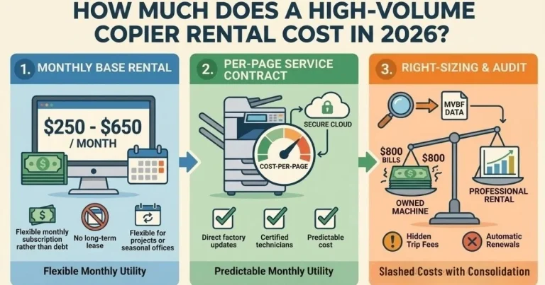 Infographic showing an Atlanta Copier Rental Cost between $250 and $650 per month, featuring flexible monthly subscriptions and no long-term debt.