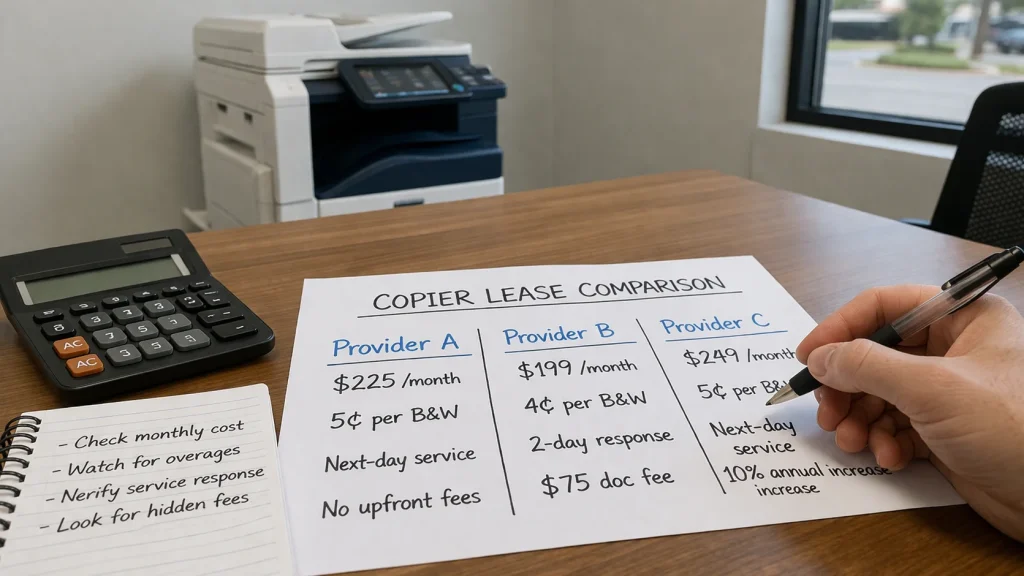 A handwritten checklist highlighting hidden copier lease pricing factors like overages, doc fees, and annual escalation clauses.