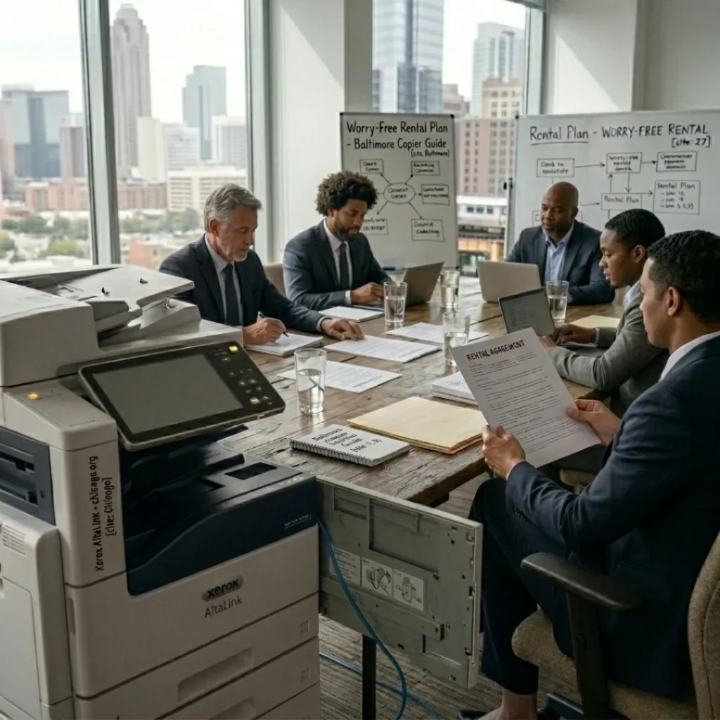 Business professionals reviewing a worry-free copier maintenance and repair guide in a high-rise Atlanta office.