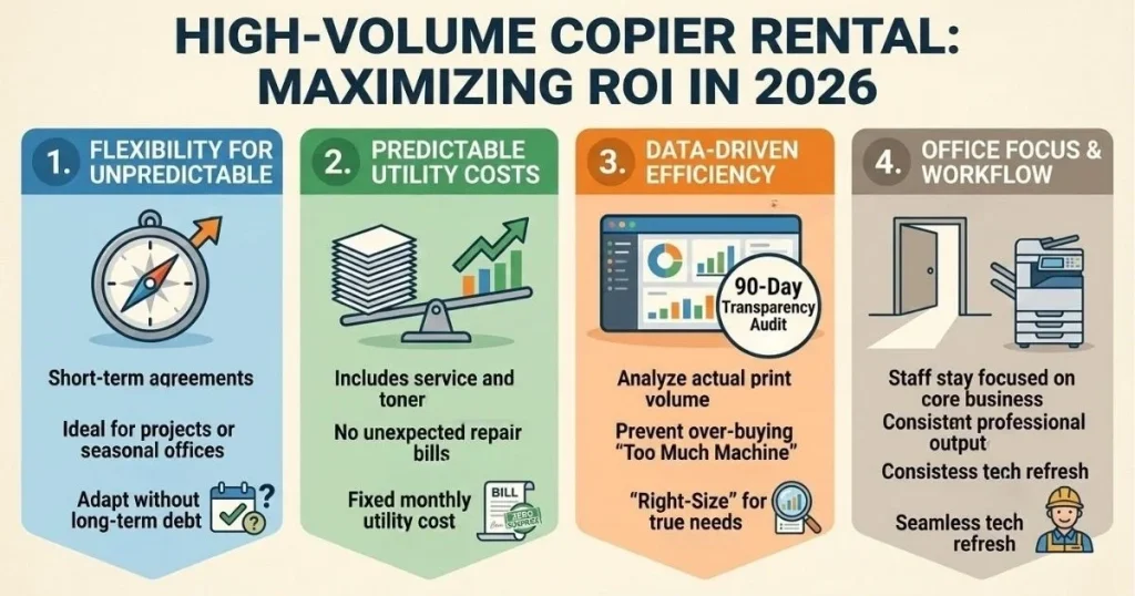 Four-step guide to maximizing ROI and managing Copier Rental Cost in Atlanta through 90-day transparency audits and data-driven efficiency.