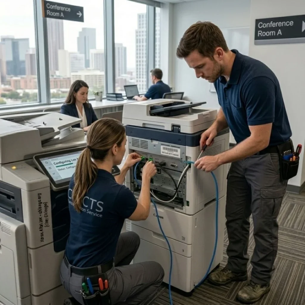 Two certified technicians performing a secure network IP configuration and hardware repair for an office copier in Atlanta.