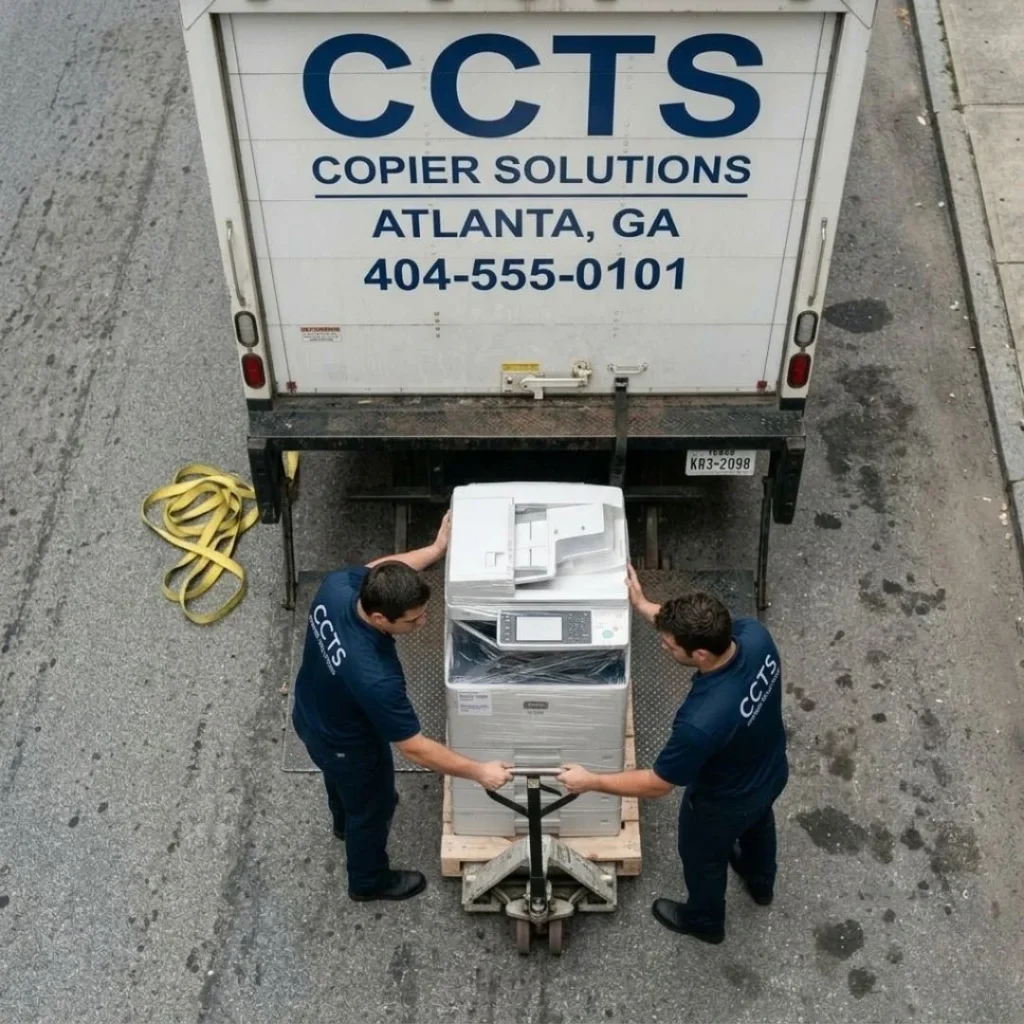Professional logistics team unloading a multi-function office copier from a CCTS truck in the Atlanta metro area.