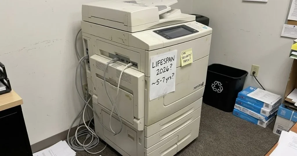 An older Xerox copier in an Atlanta office corner with a handwritten note regarding its 2026 lifespan and security patch requirements.