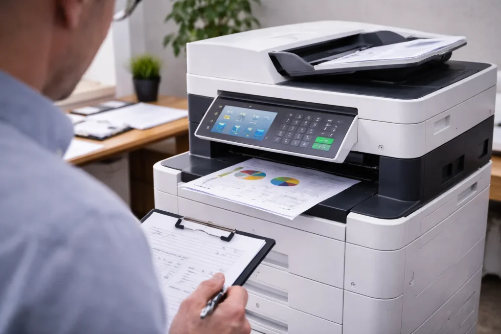 An office worker at 10 Glenlake Pkwy NE reviewing high-quality color charts from enterprise-grade multifunction copiers.