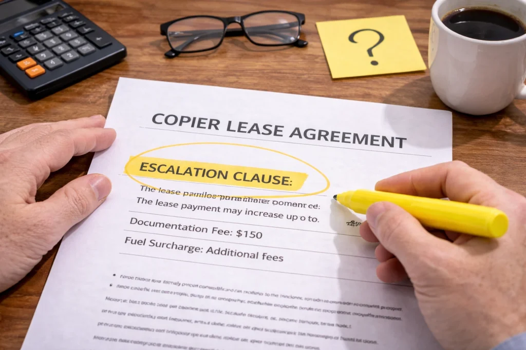 Hand highlighting a clause in an Atlanta Copier Lease Agreement to ensure all terms are understood.