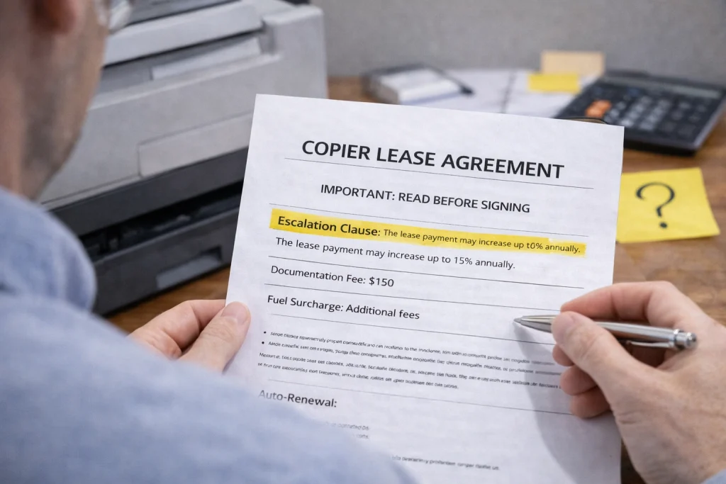 Person reviewing the "Important: Read Before Signing" section of Atlanta Copier Lease Agreements.